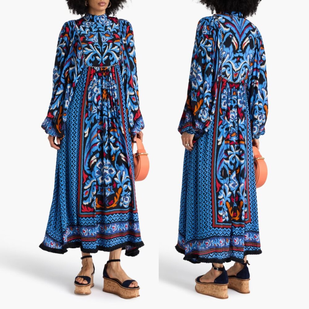Farm Rio Gathered Printed Crepe de Chine Bishop-Sleeve Maxi Dress, Blue/Red, L - Picture 14 of 14
